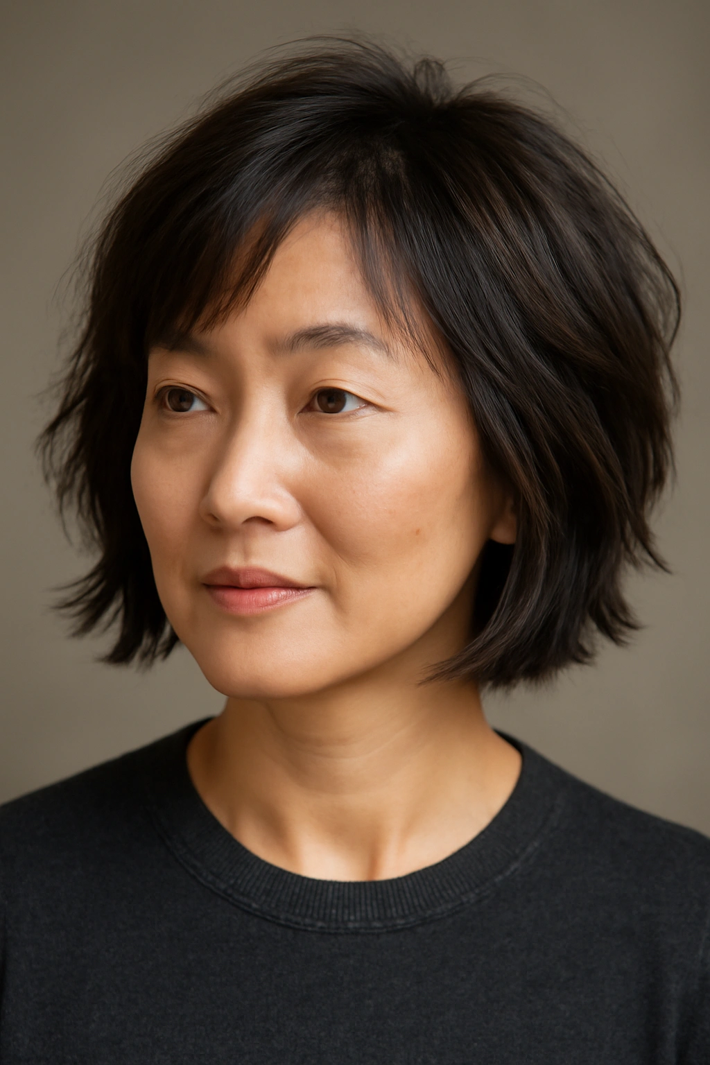 Close-up of a woman with a chin-length layered cut showing choppy layers and face framing.