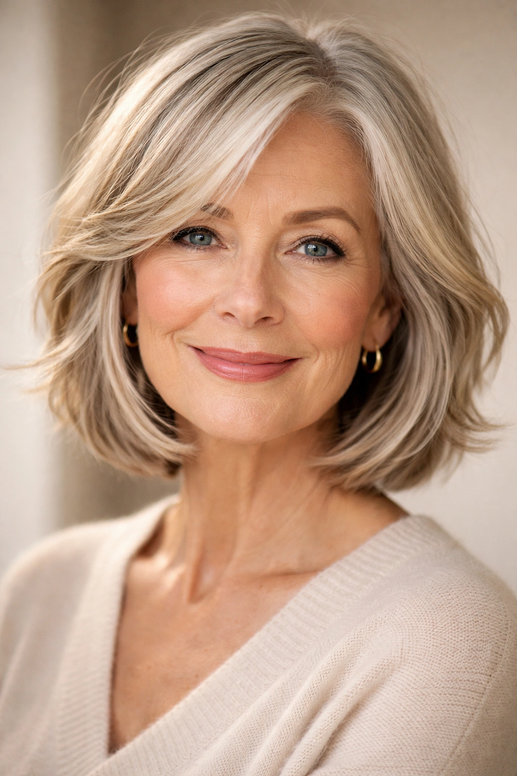 Older woman with chin-length lob haircut with textured layers