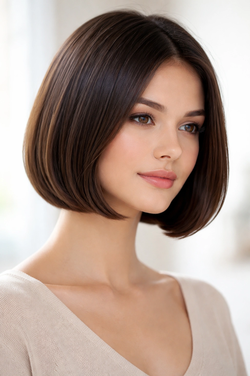 Portrait of a chin-length rounded bob with soft curved ends on straight hair