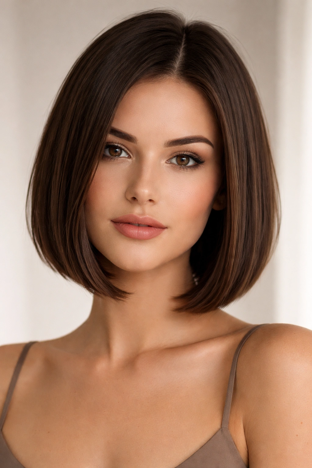 Close-up of chin-length sleek bob with blunt straight edges framing the face