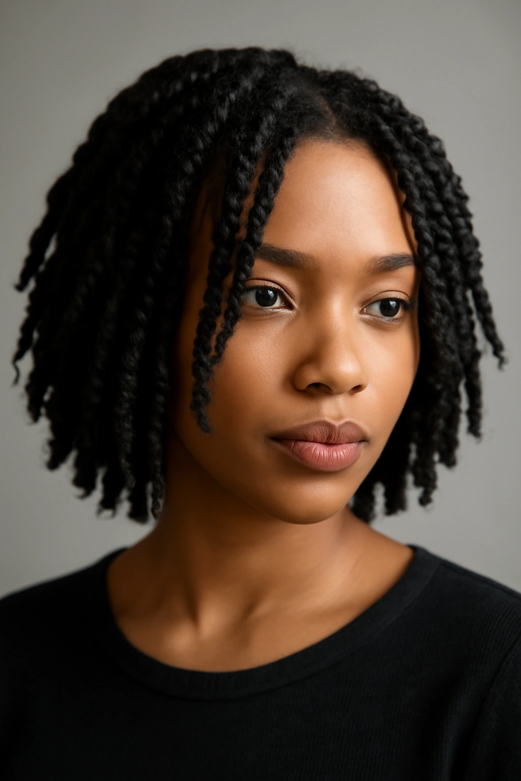 Close-up portrait of chin-length passion twists framing the face