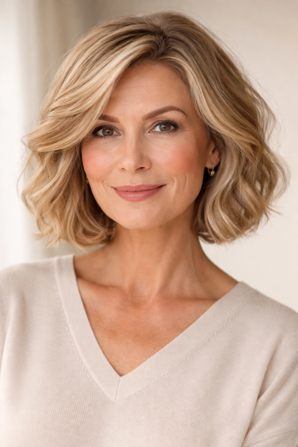 Close view of a chin-length wavy cut on a mature woman, showing jaw-softening length