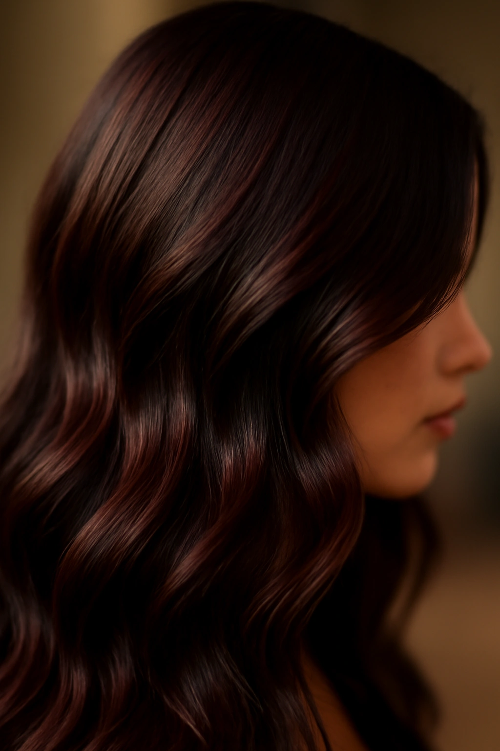 Hair in chocolate cherry merlot shade with red undertones under warm light