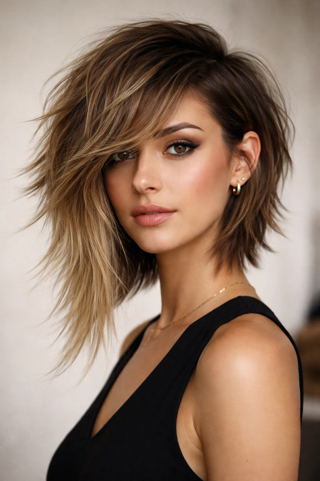 Asymmetrical choppy cut with uneven lengths and textured layers