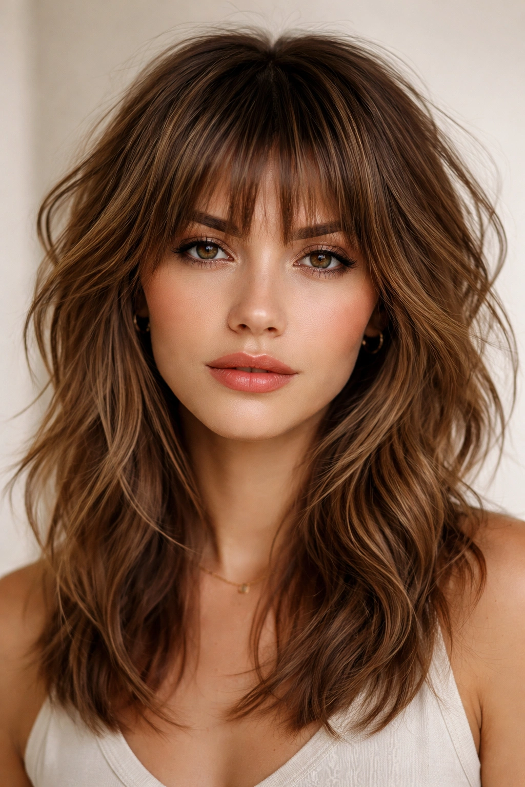 Choppy bangs with layered texture and full hairstyle