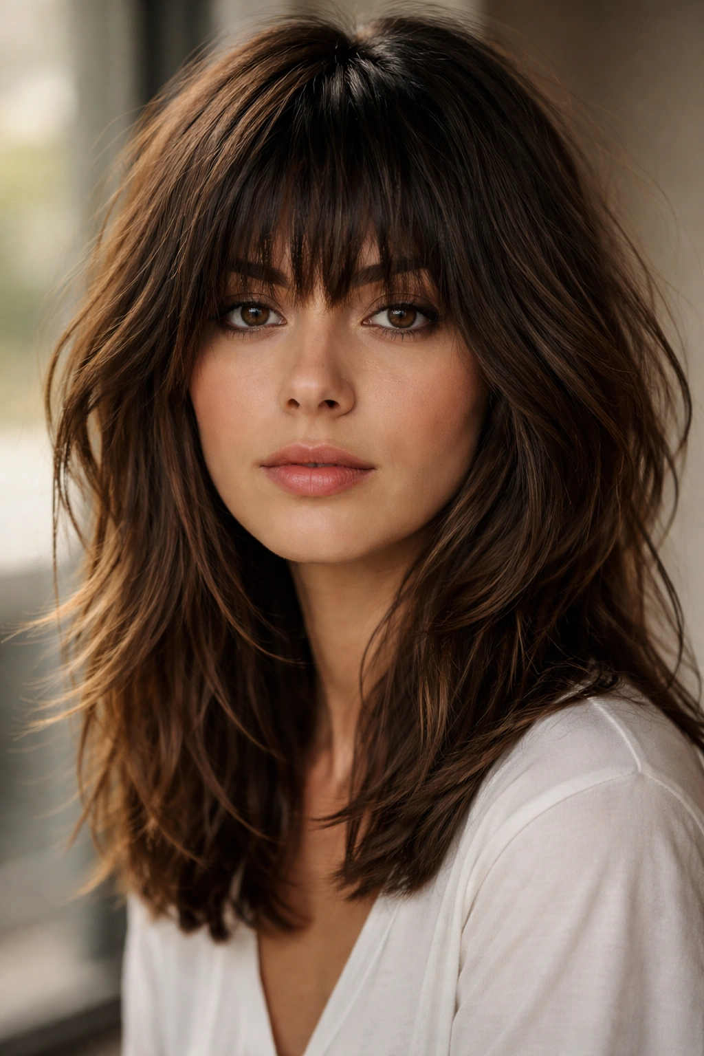 Portrait of a person with choppy layered bangs and textured medium-length hair