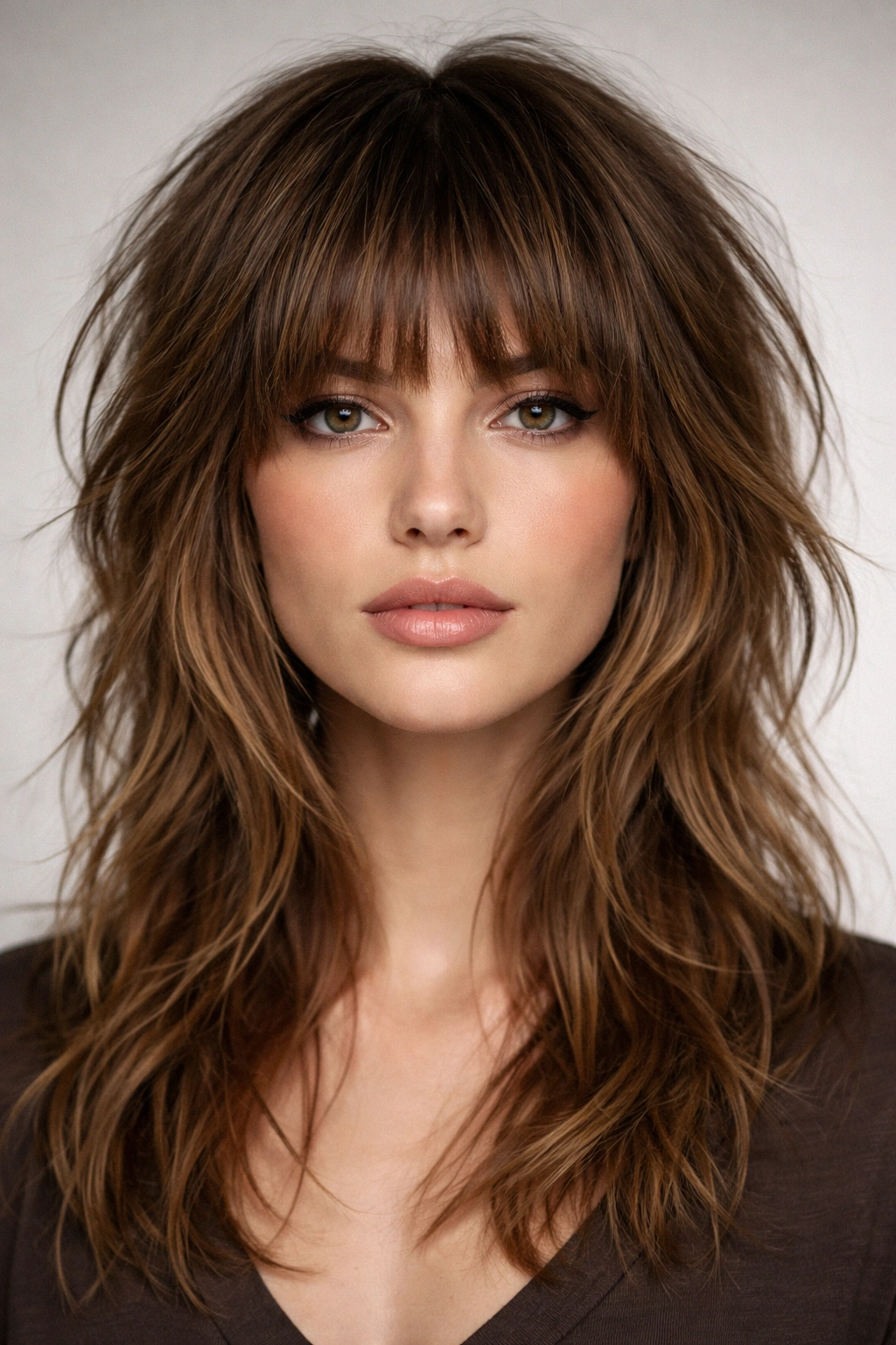 Front view of choppy bangs shag showing textured bangs and layered hair