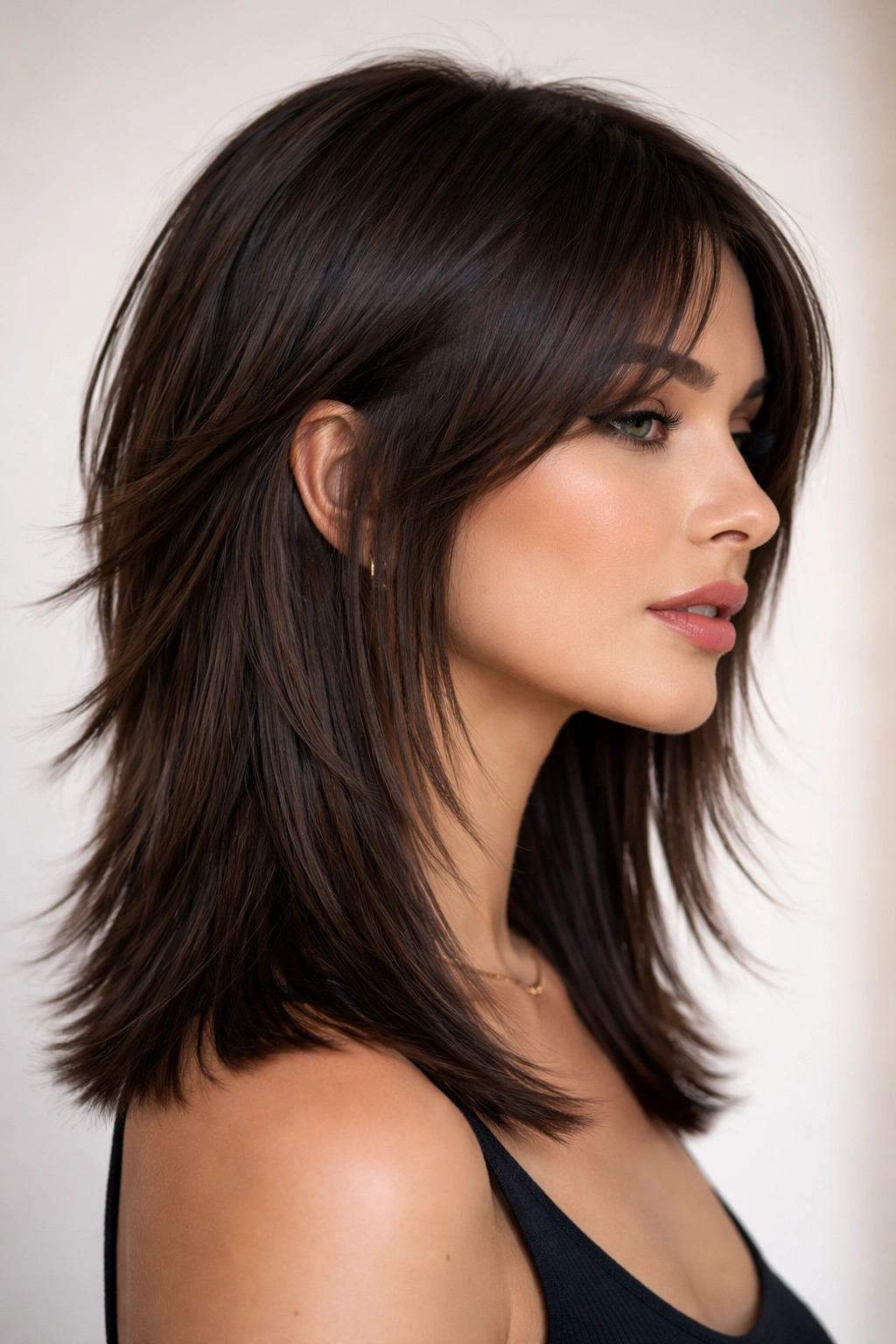Straight hair with blunt choppy layers showing clear texture