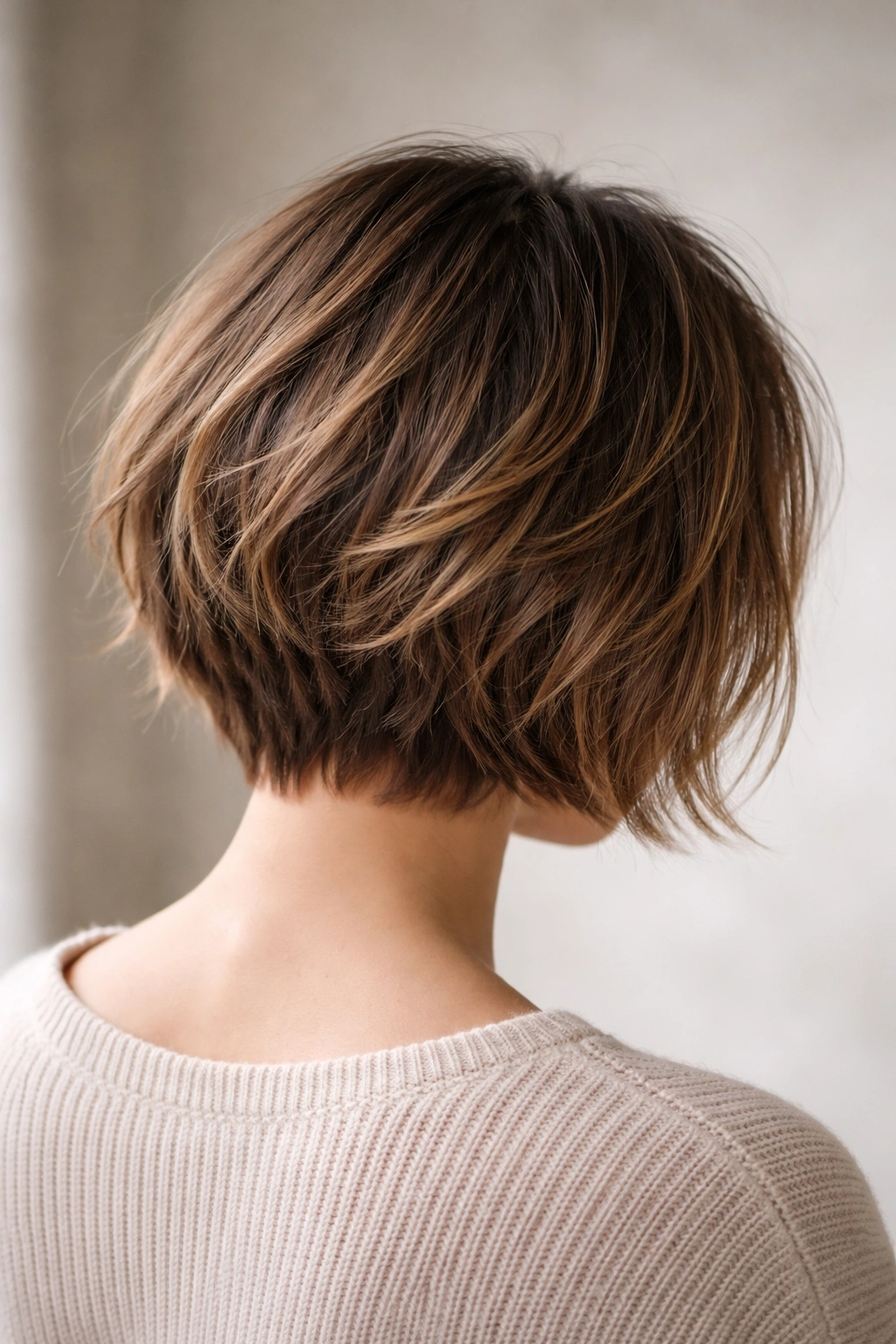 Back view of a choppy bob with layered lengths and texture.