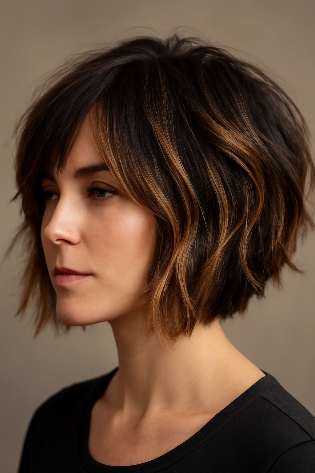 Choppy bob with caramel ribbons and textured layers