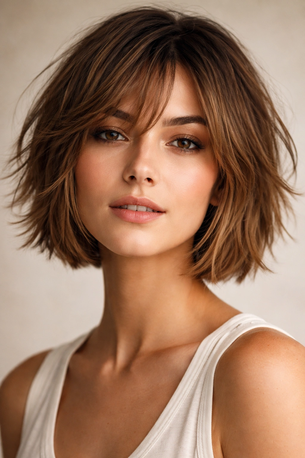 Front view of a person with a chin-length choppy bob and irregular textured layers