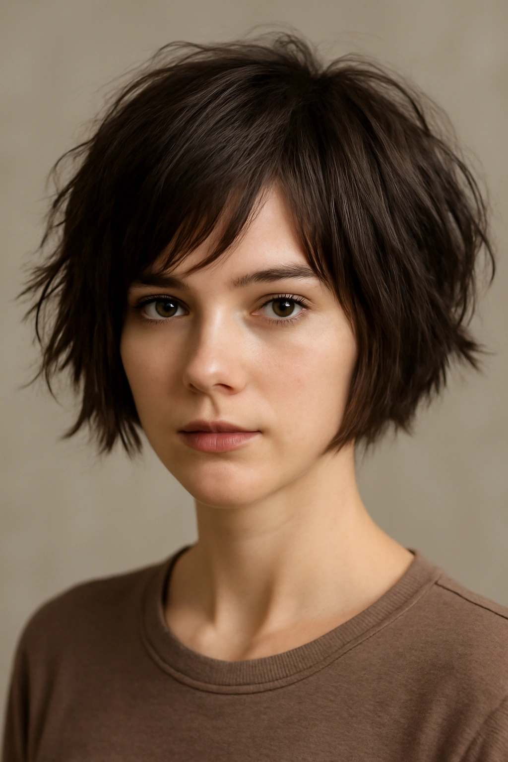 Close-up of a choppy bob with stacked layers and edgy volume