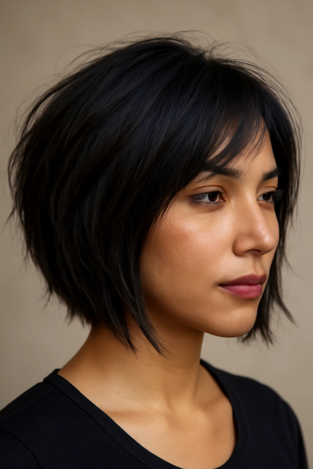 Latina woman with chin-length choppy layered bob showing face-framing layers