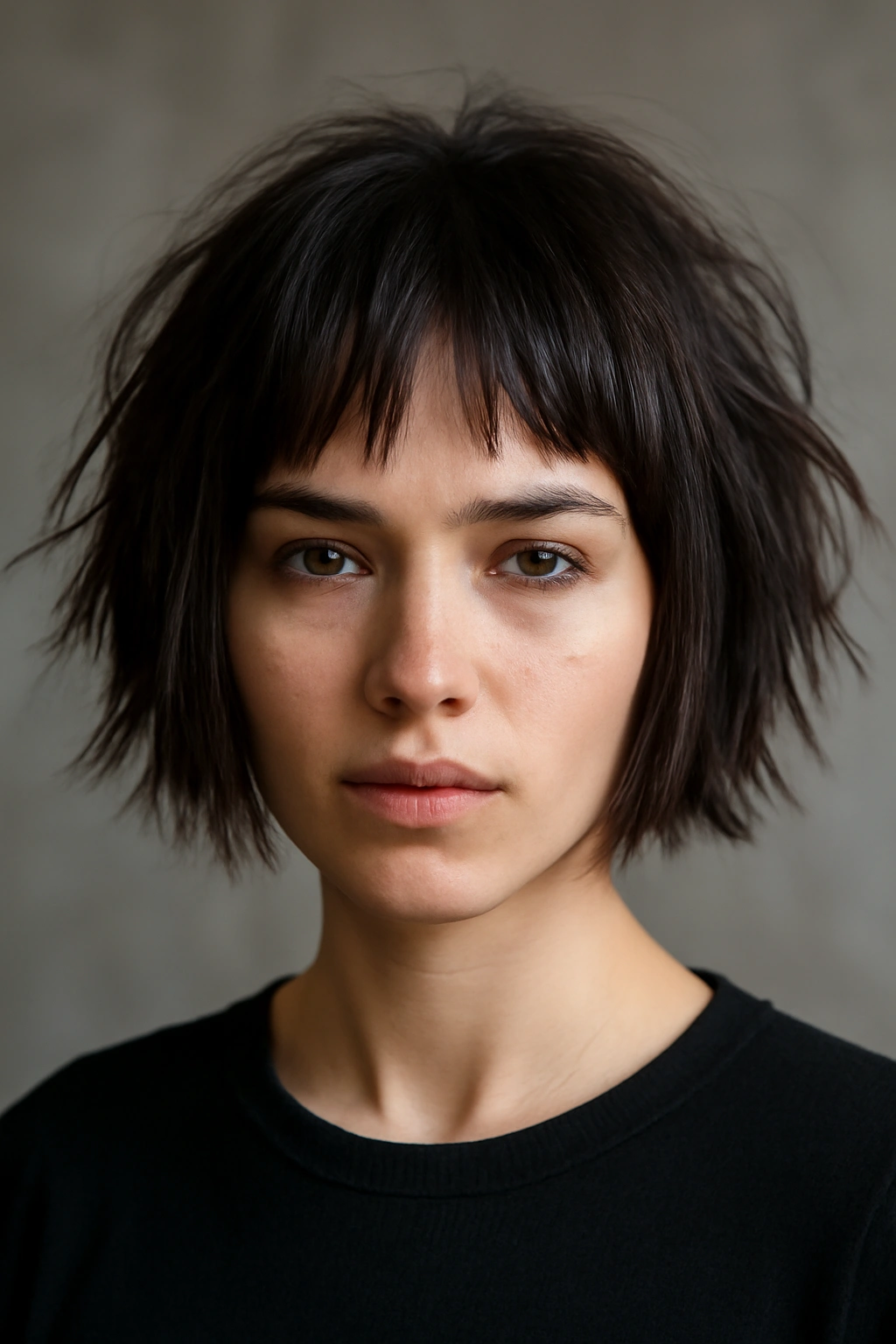 Close-up portrait of a person with a choppy bob featuring jagged ends.