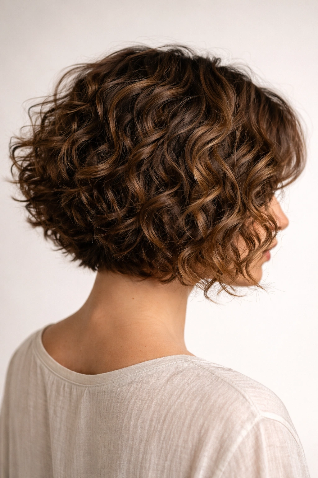 Curly choppy bob with layers extended to the nape showing back fullness