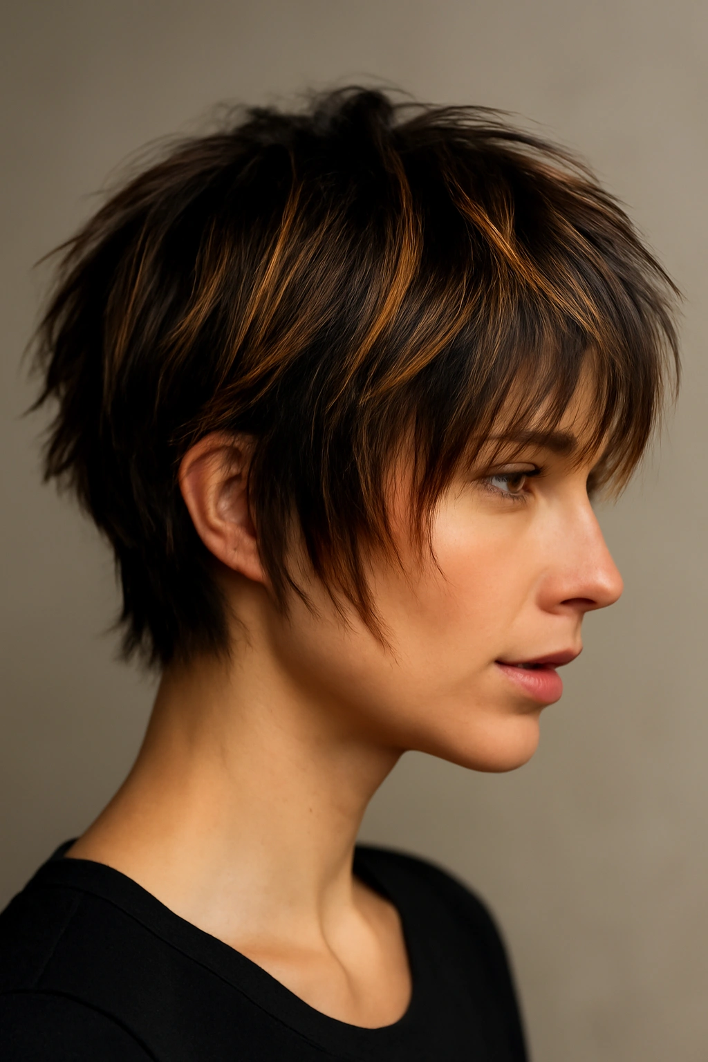 Edgy choppy layered crop with dimensional caramel accents