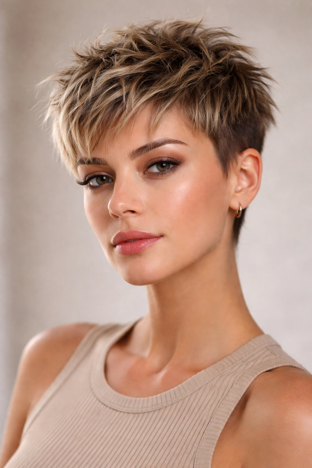 Close-up portrait of a choppy crop cut with a textured crown highlighting volume around the crown.