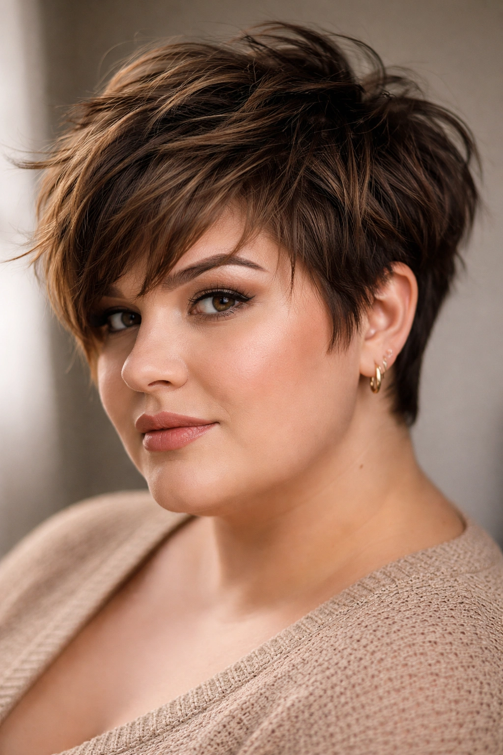 Choppy crop with multi-length textured layers creating tousled texture