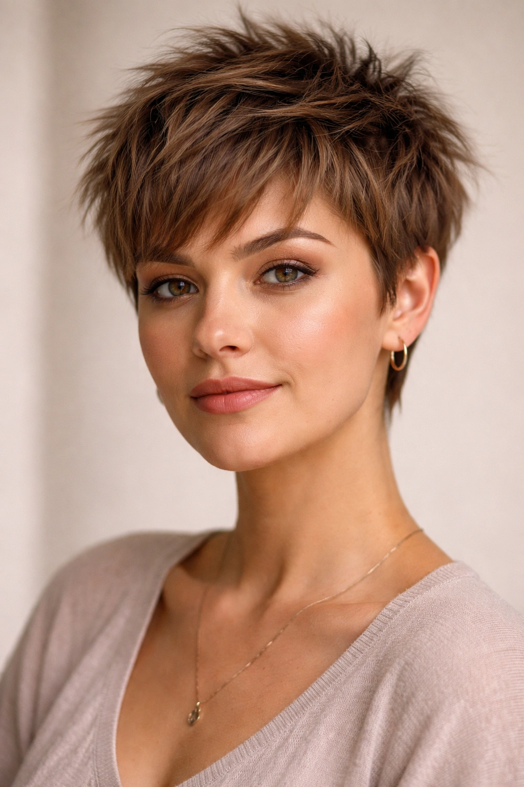 Close-up portrait of a person with a short, choppy crop for pear-shaped faces in studio lighting