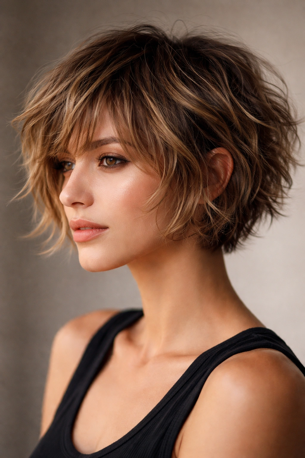 Choppy crop hairstyle with uneven layers creating texture and dimension