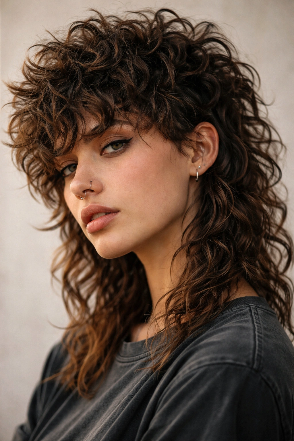 Headshot of a choppy curl mullet with jagged layers and defined texture.