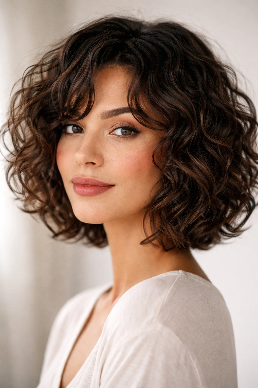 Heart-shaped face model with a choppy textured curly bob showing defined ends