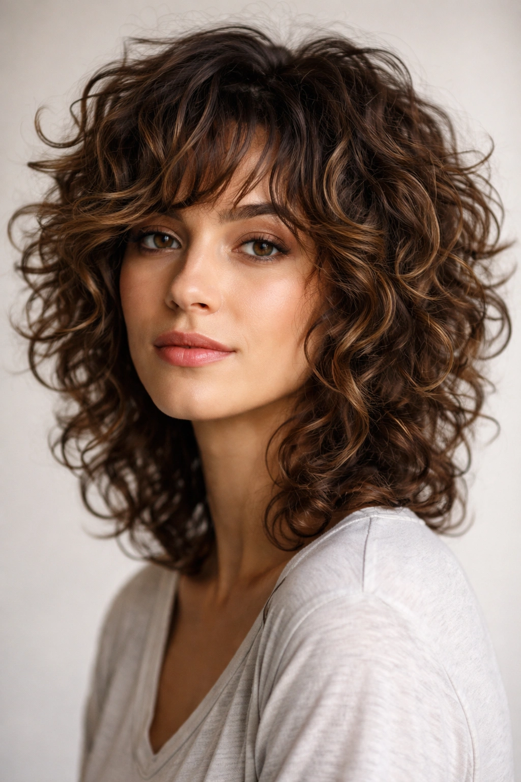Portrait of a person with a choppy curly shag hairstyle