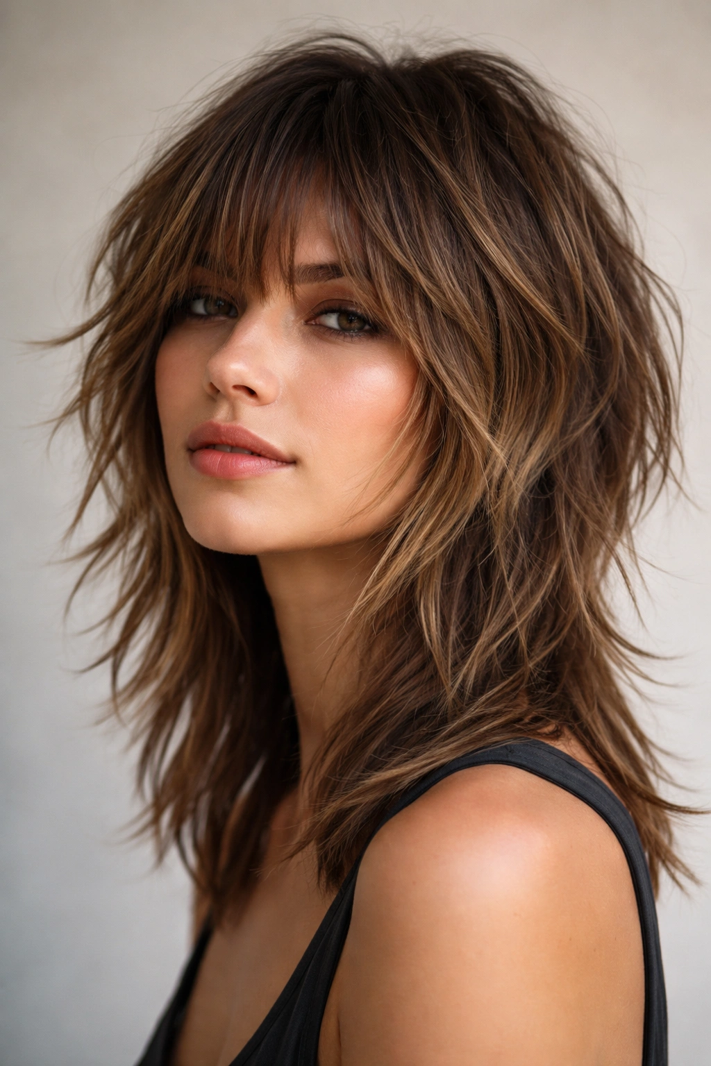 Portrait highlighting choppy face-framing shag with distinct shorter front pieces.