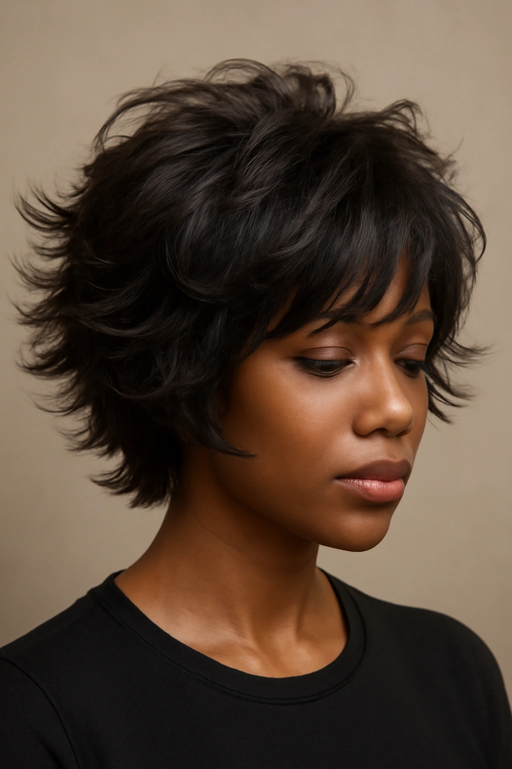 Choppy feathered flip bob with multiple layers creating dynamic movement
