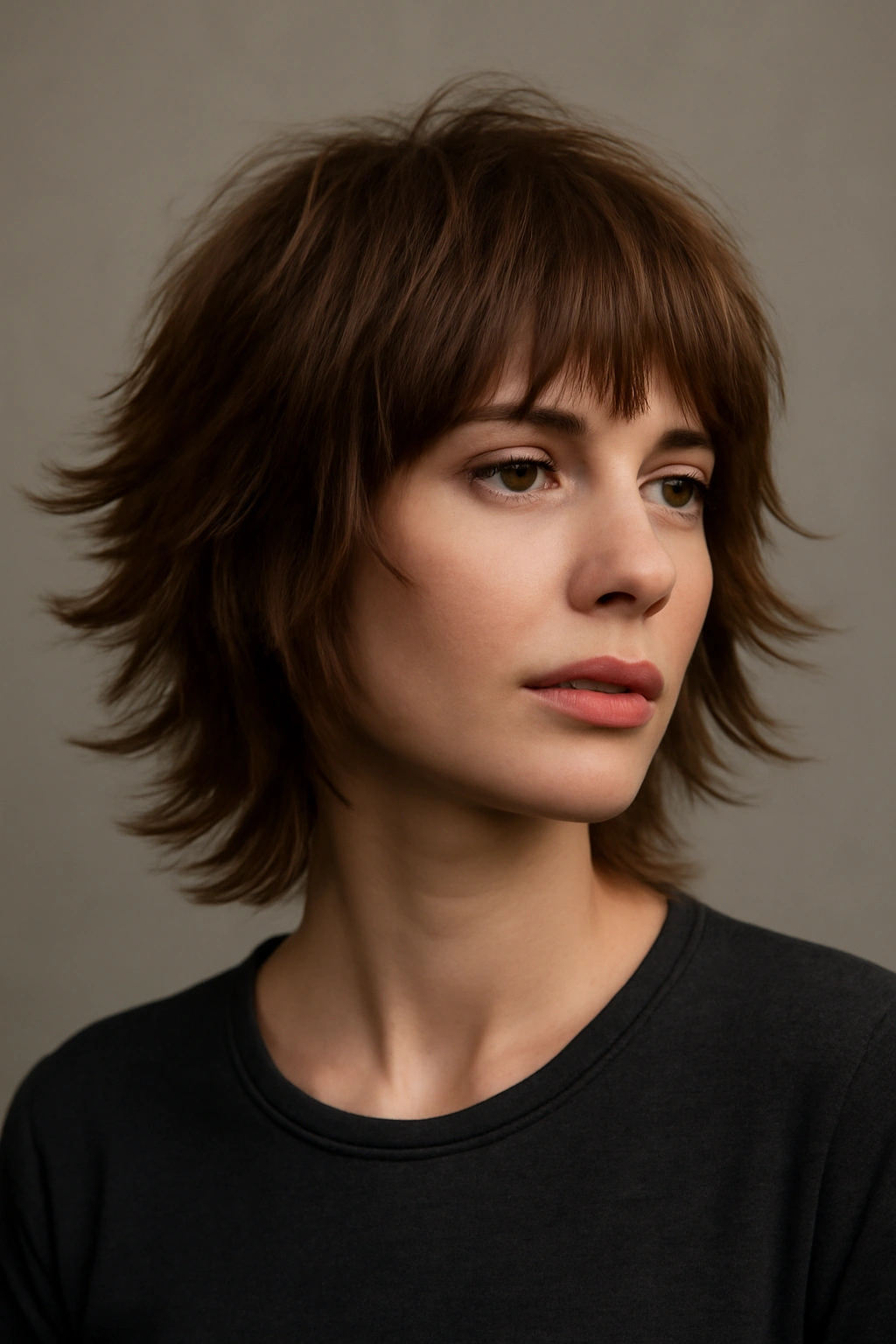 Portrait of a person with choppy flip shag showing outward-angled layers.