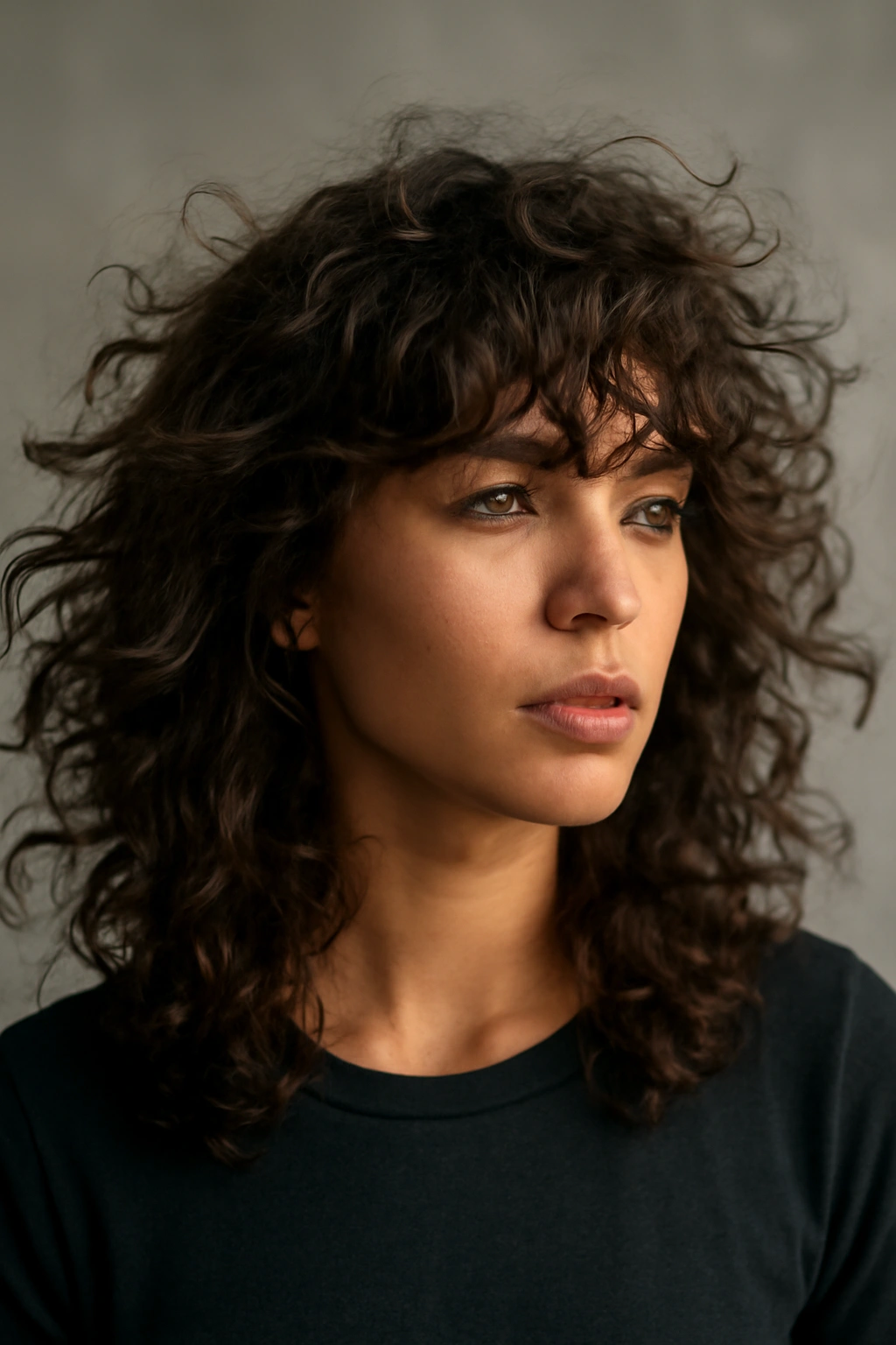 Choppy wispy fringe with movement on curly hair.