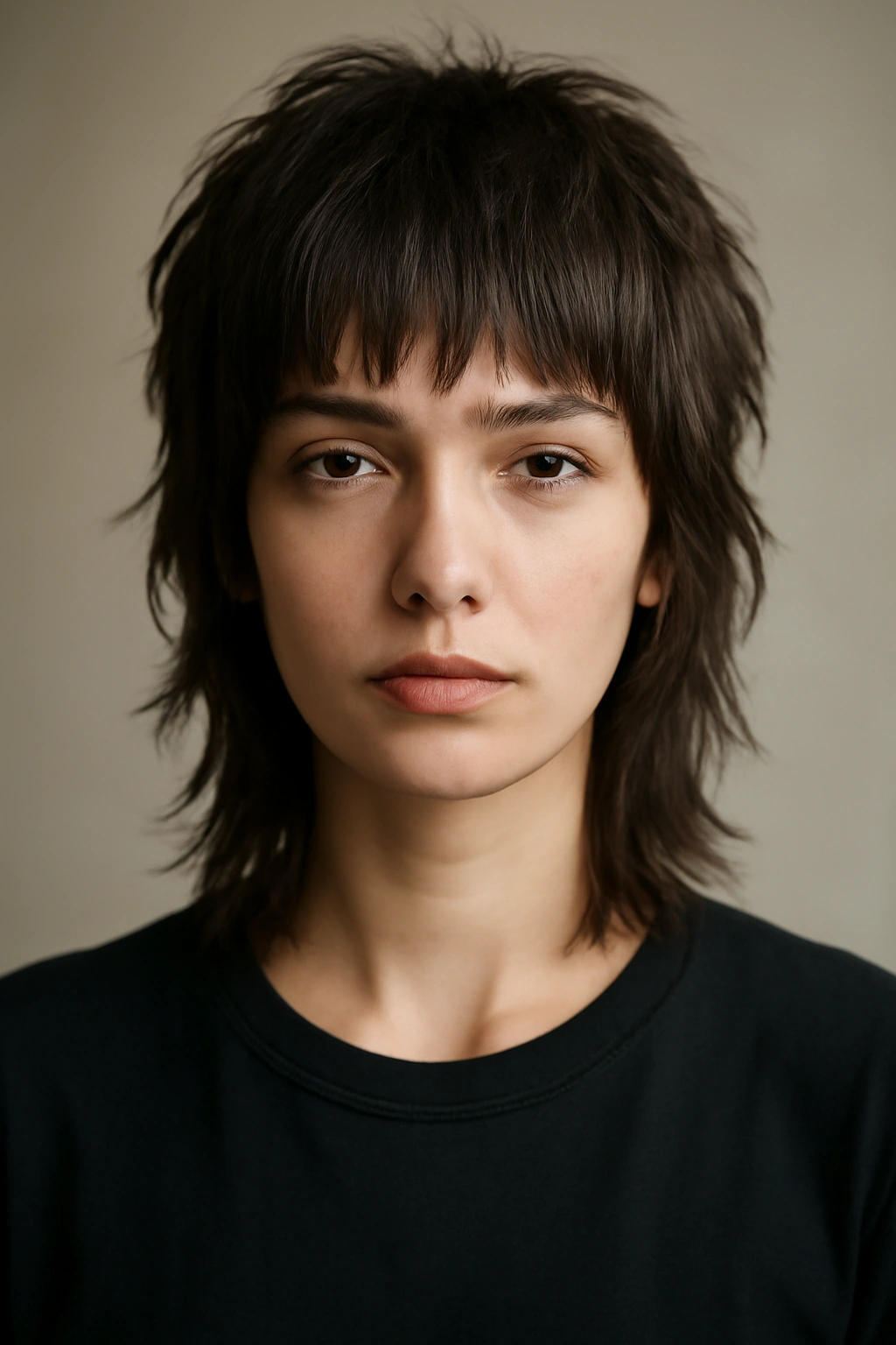 Wolf cut with choppy fringe starting at hairline