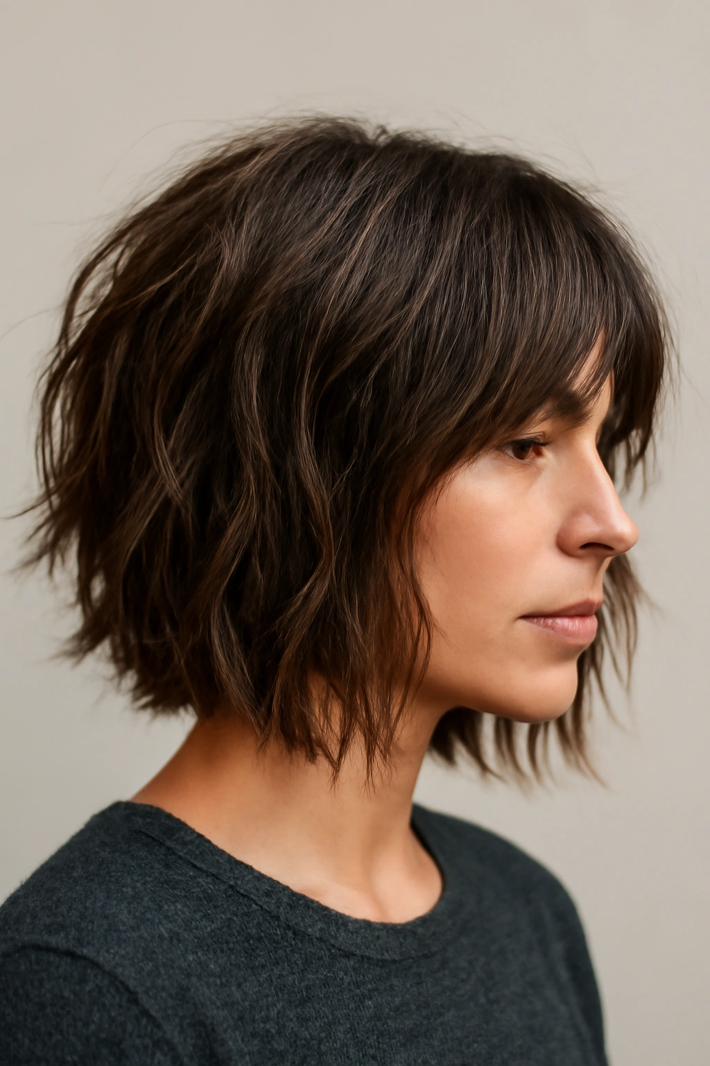 Choppy layered bob with jagged ends and textured movement