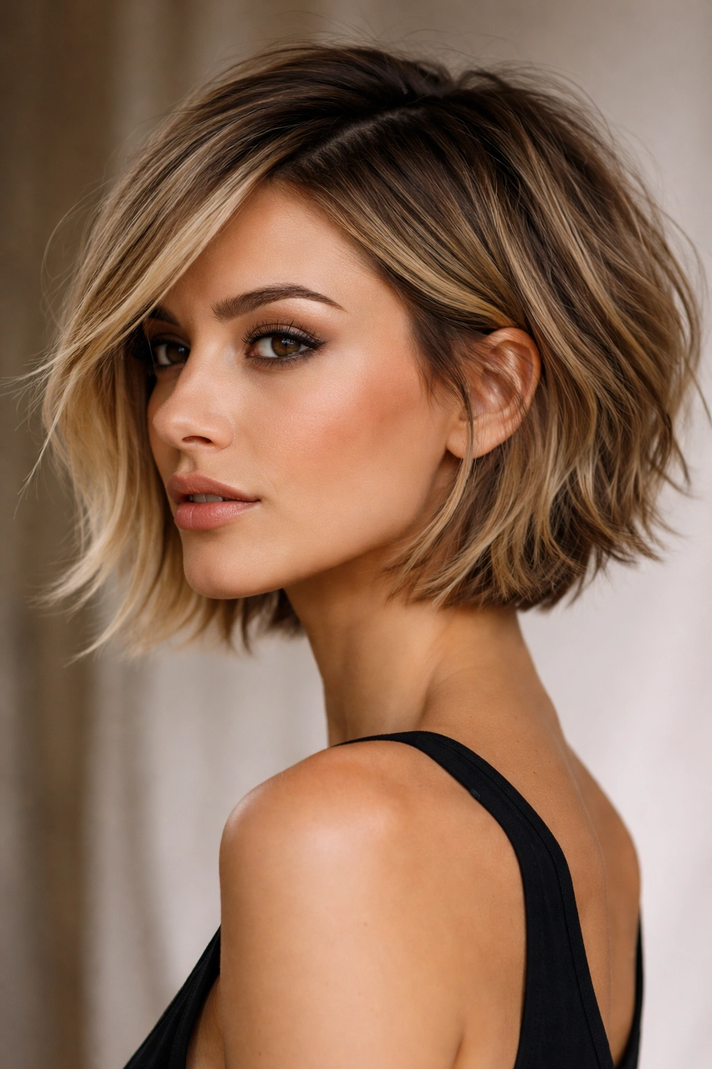 Choppy layered bob on a diamond-shaped face showing jaw framing and texture