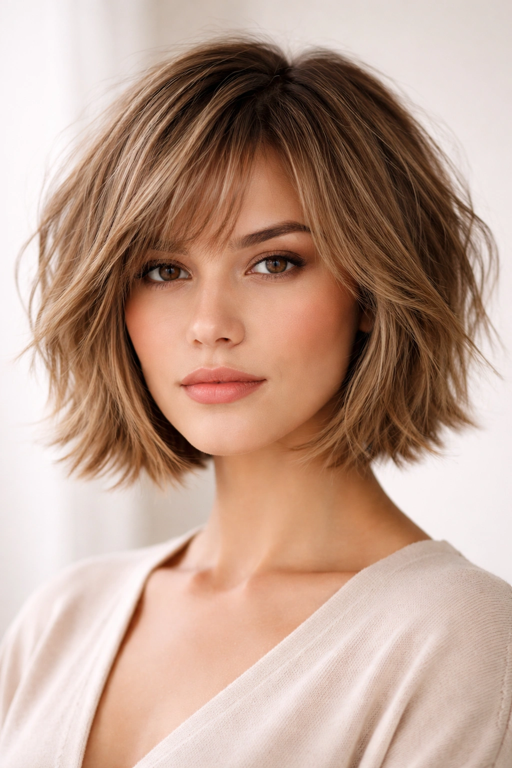 Chin-length bob with uneven layers softly framing the face