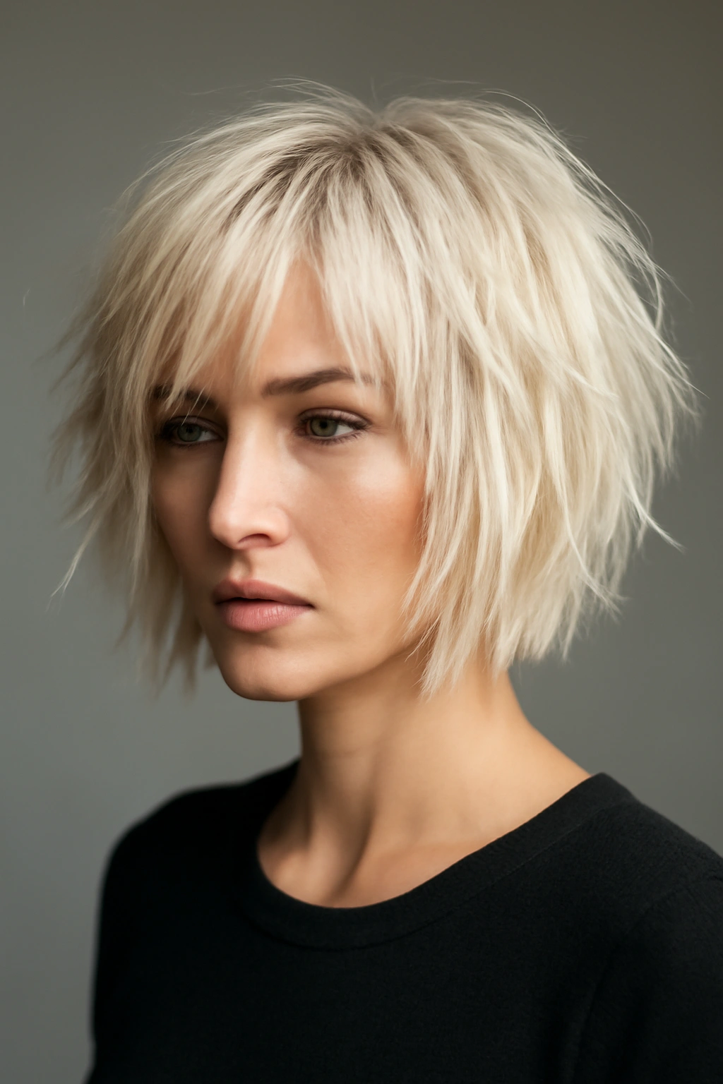 Choppy layered bob in platinum blonde with chin to shoulder length