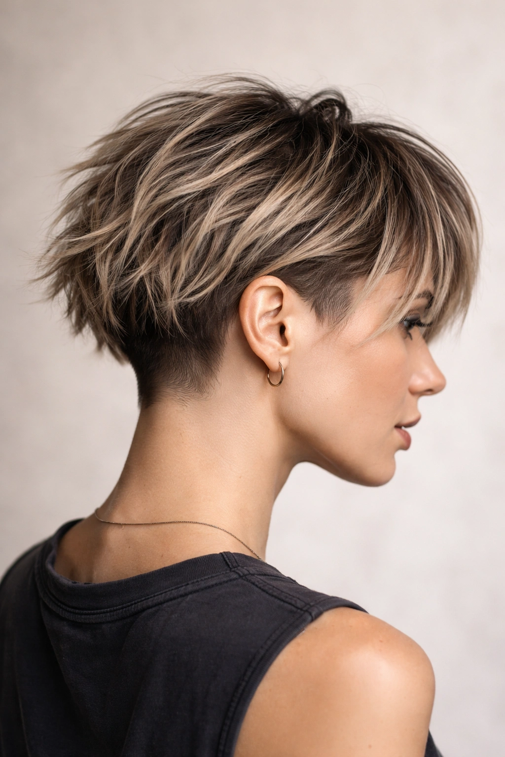 Choppy layered bob with full undercut showing bold texture.