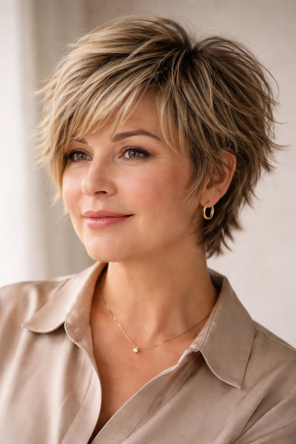 Round-faced individual with a choppy layered crop showing volume on top