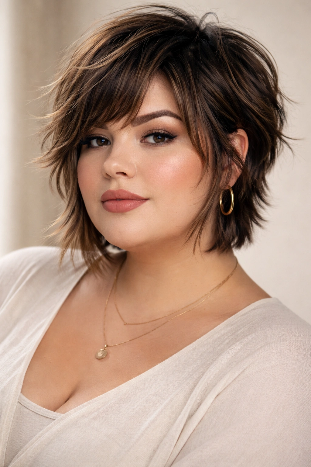 Model with a choppy layered crop and face-framing pieces