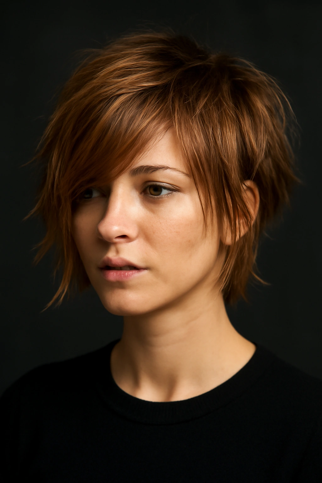 Choppy layered crop with side-swept bangs