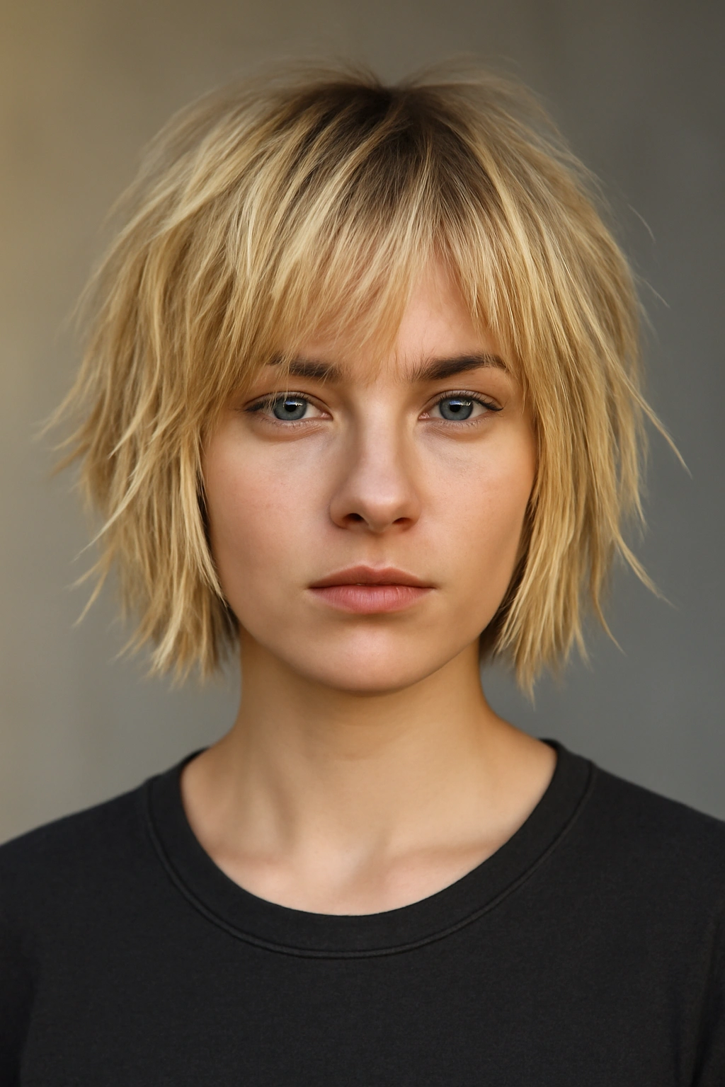 Blonde choppy layered cut with chin-length layers and varied lengths in studio