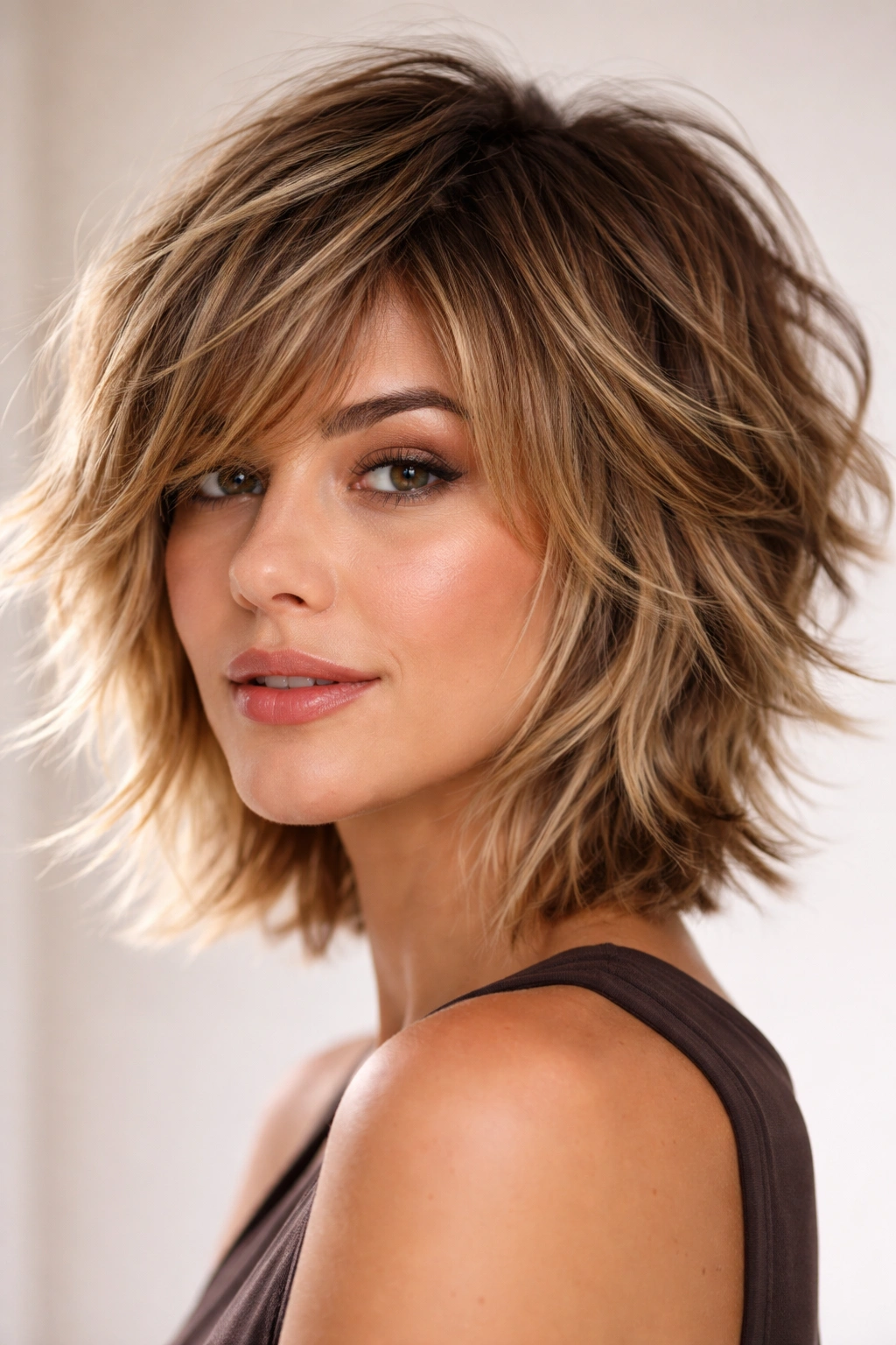 Portrait showing a choppy layered cut with varied lengths for texture