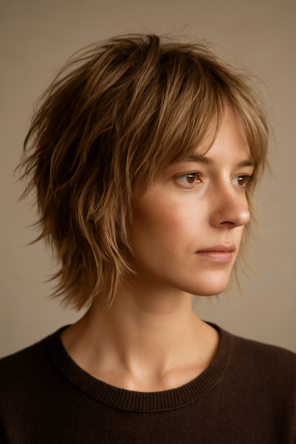 Portrait of a person with choppy layered cut showing uneven, textured ends.