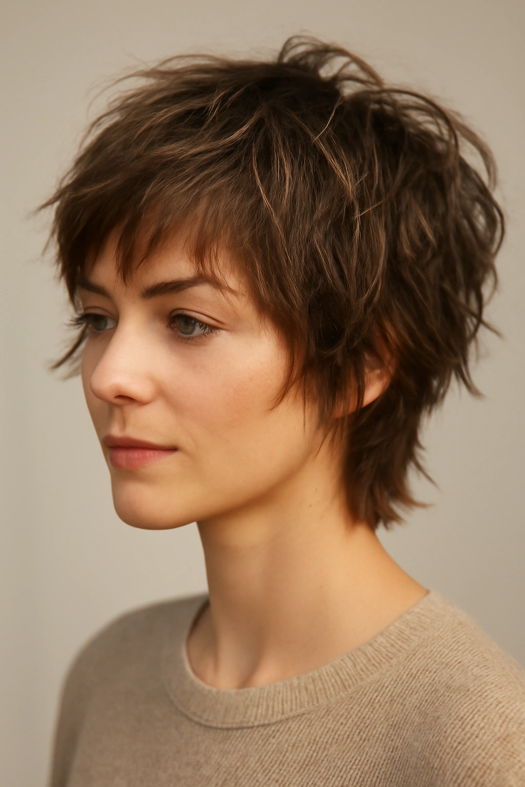 Textured choppy layered short hair with tousled finish.