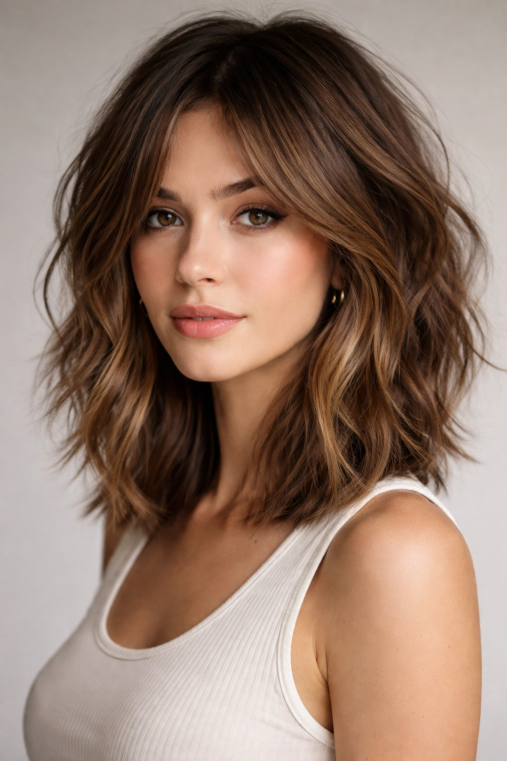 Shoulder-length choppy layered lob showing varied lengths and movement