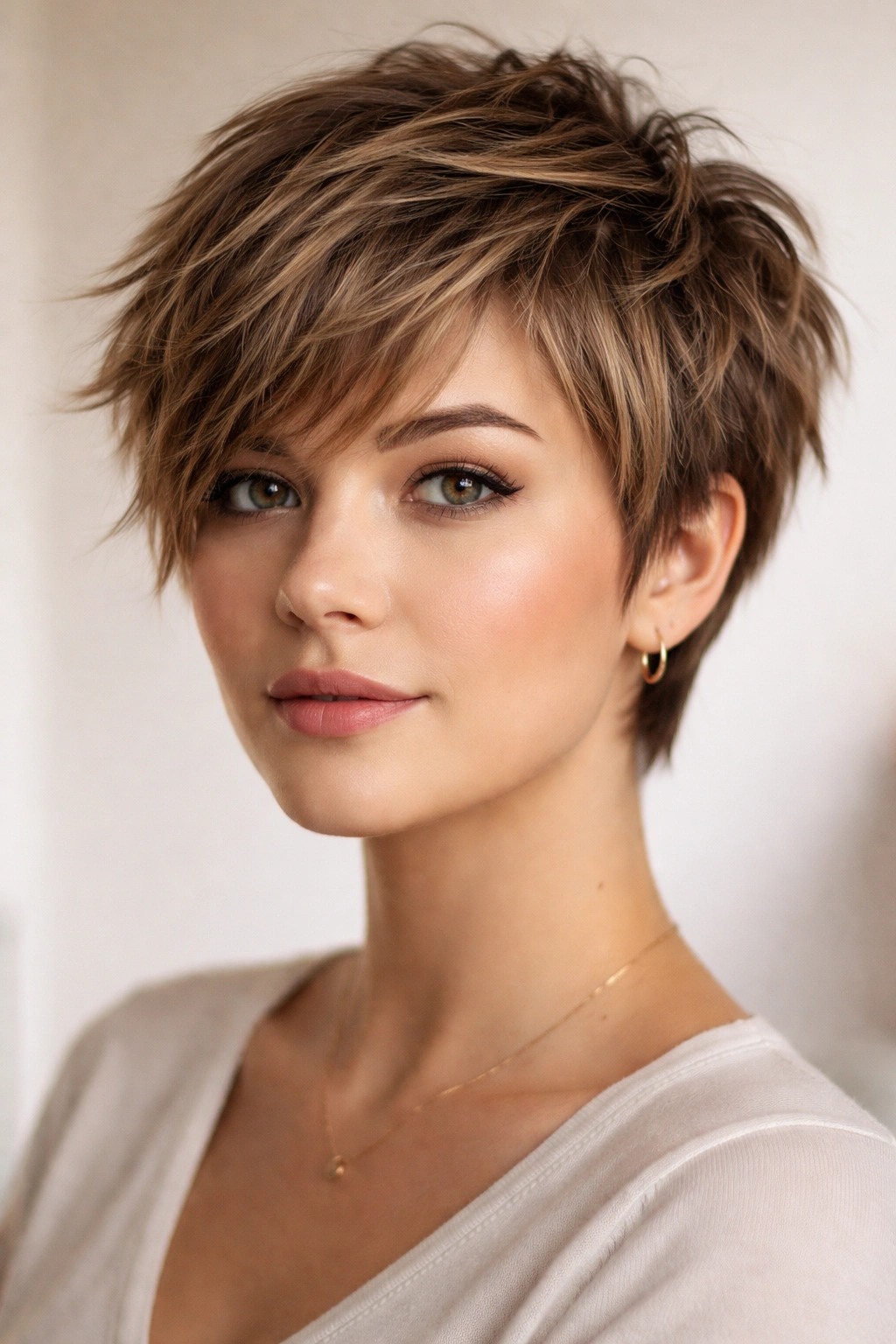 Portrait of a pixie with choppy layered hair for movement and texture.