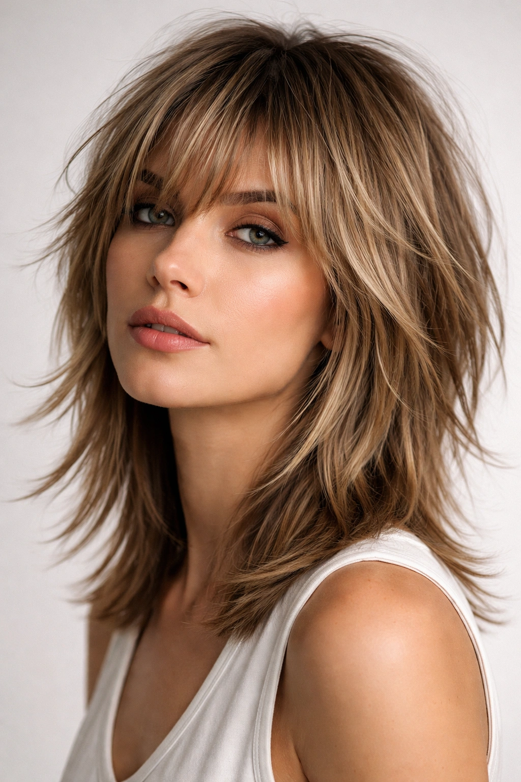 Close-up of a model with choppy layered shag showing high crown layers and textured ends.