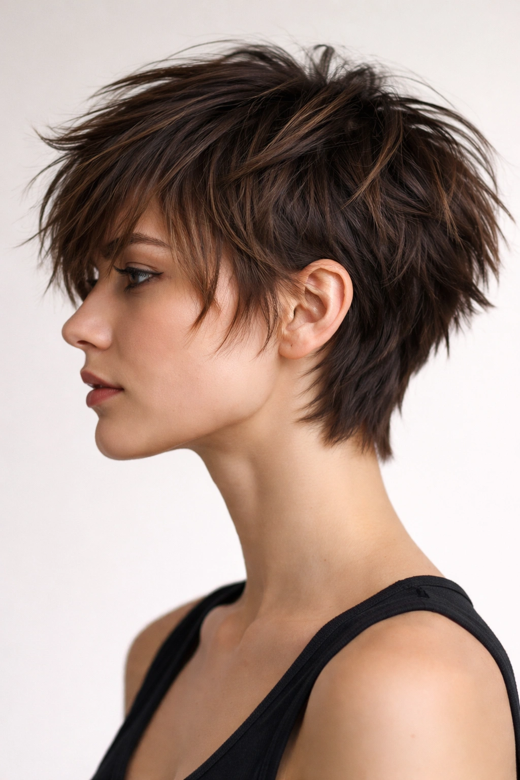 Side-profile of a choppy layered short cut with movement