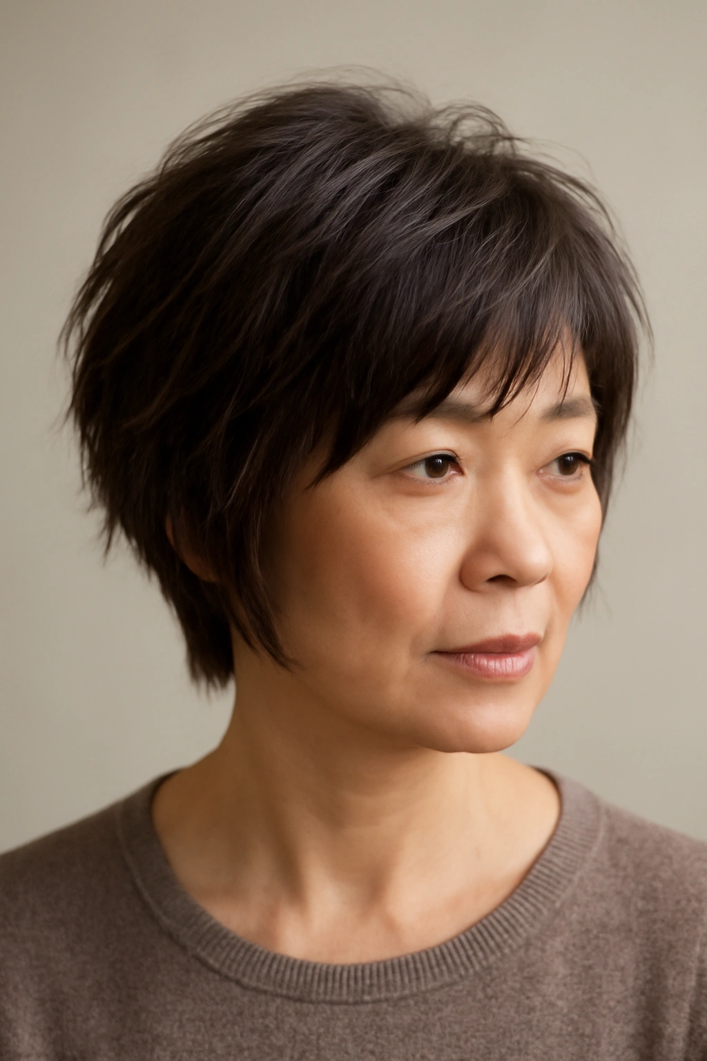 Portrait of an Asian woman over 50 with modern choppy layers.