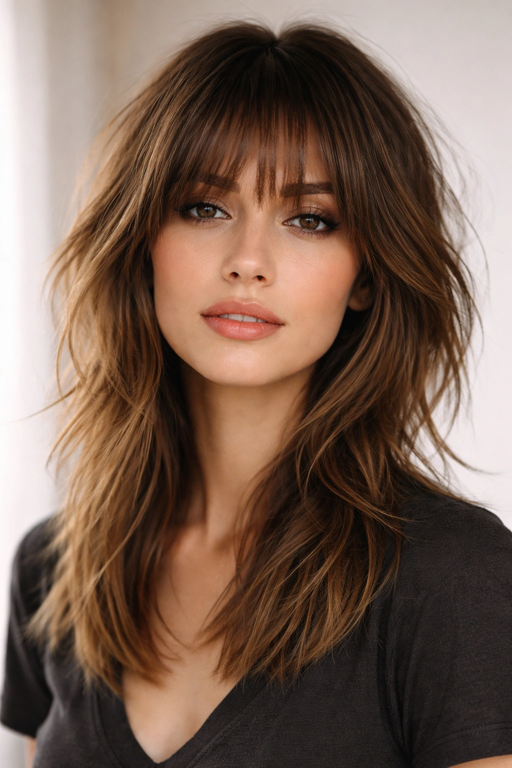 Choppy layered hairstyle with textured bangs